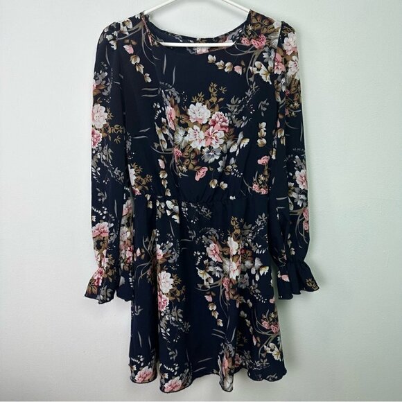 Floral Ruffle Sleeve Long  Sleeve Mini Swing Dress M - Picture 6 of 6